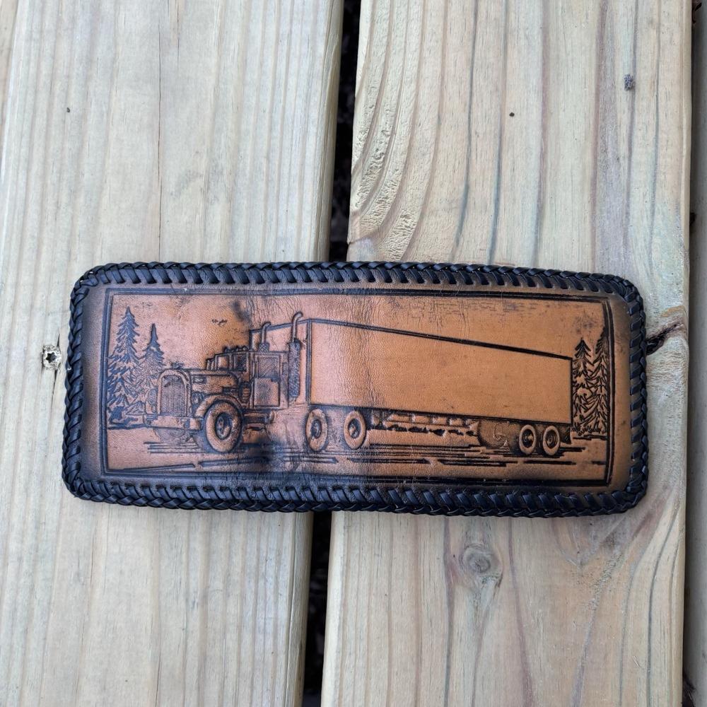 Vintage Hand Tooled Leather Wallet Bifold Semi Trucker Design Big Rig Whipstitch